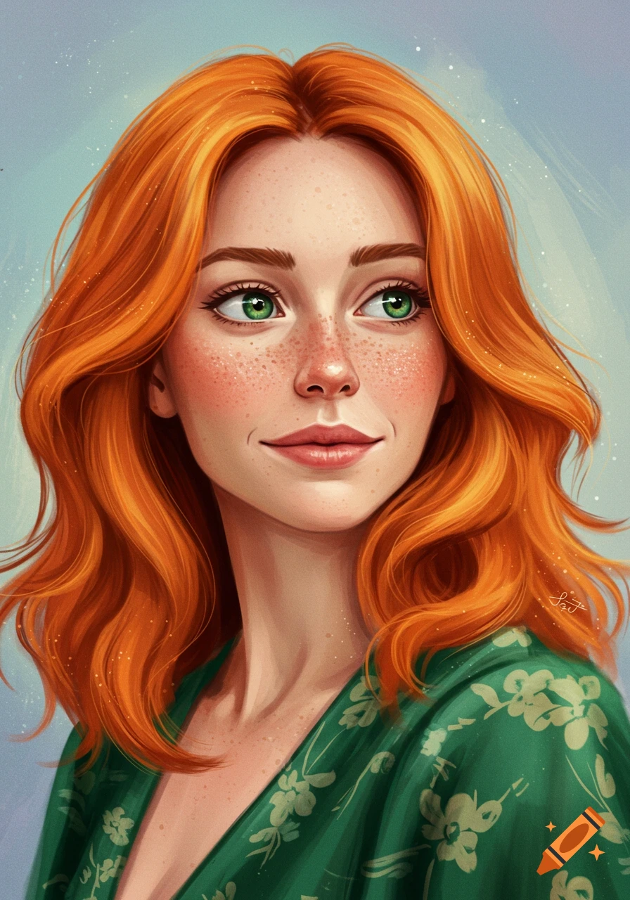 A red-haired woman with freckles and green eyes looking to the side.