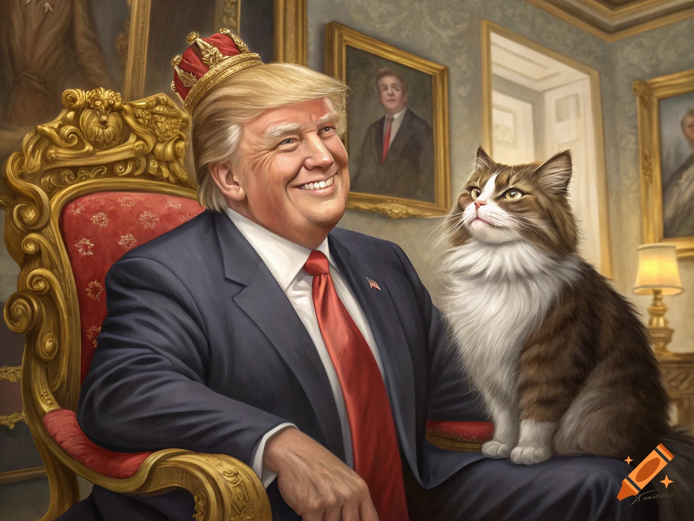 Painting of Donald Trump wearing a crown on a throne with a large cat.