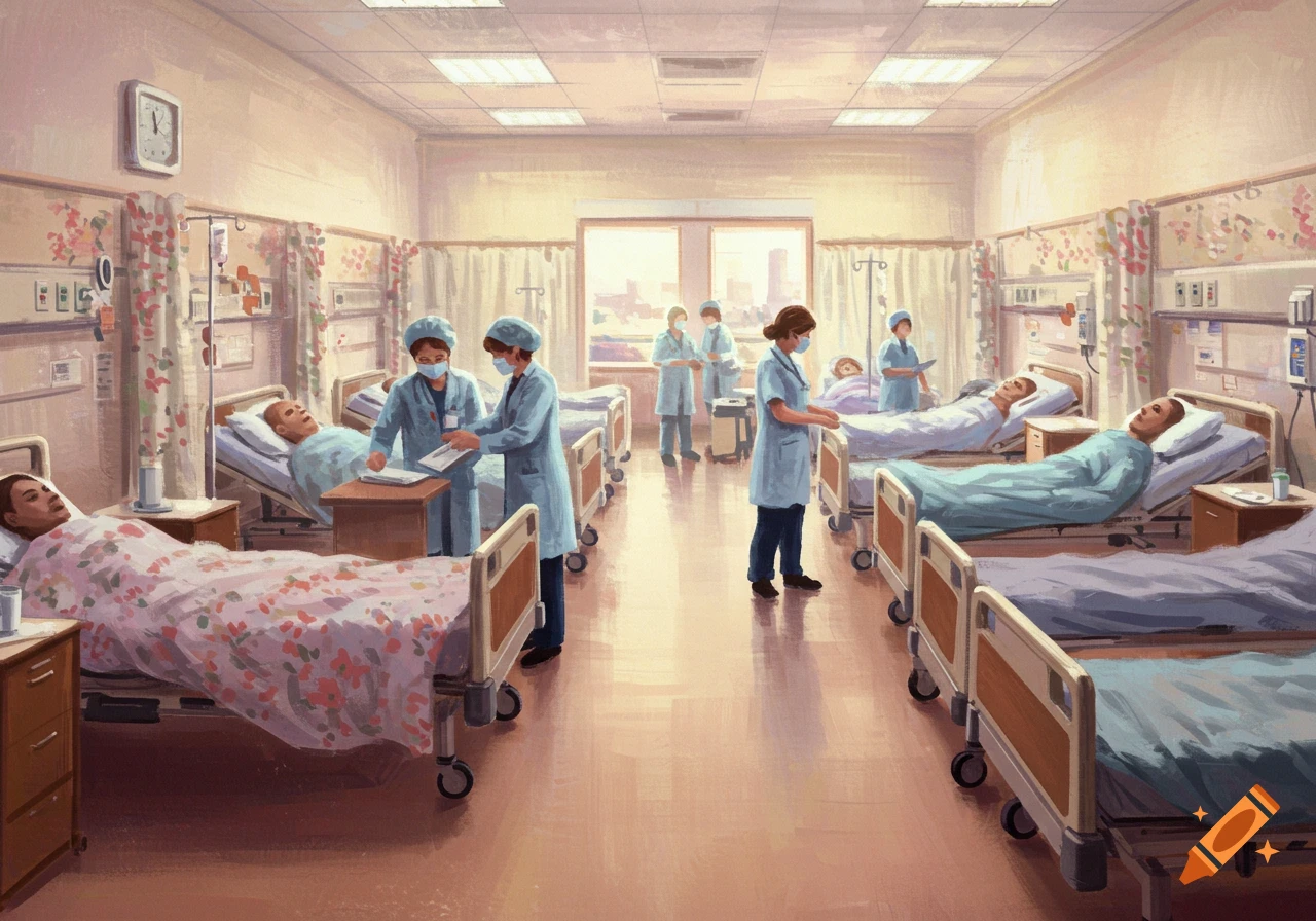 A hospital ward with patients in beds and medical staff.