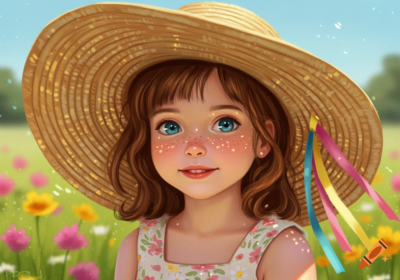 A whimsical image of a young girl in a straw hat with ribbons in a field of wildflowers.