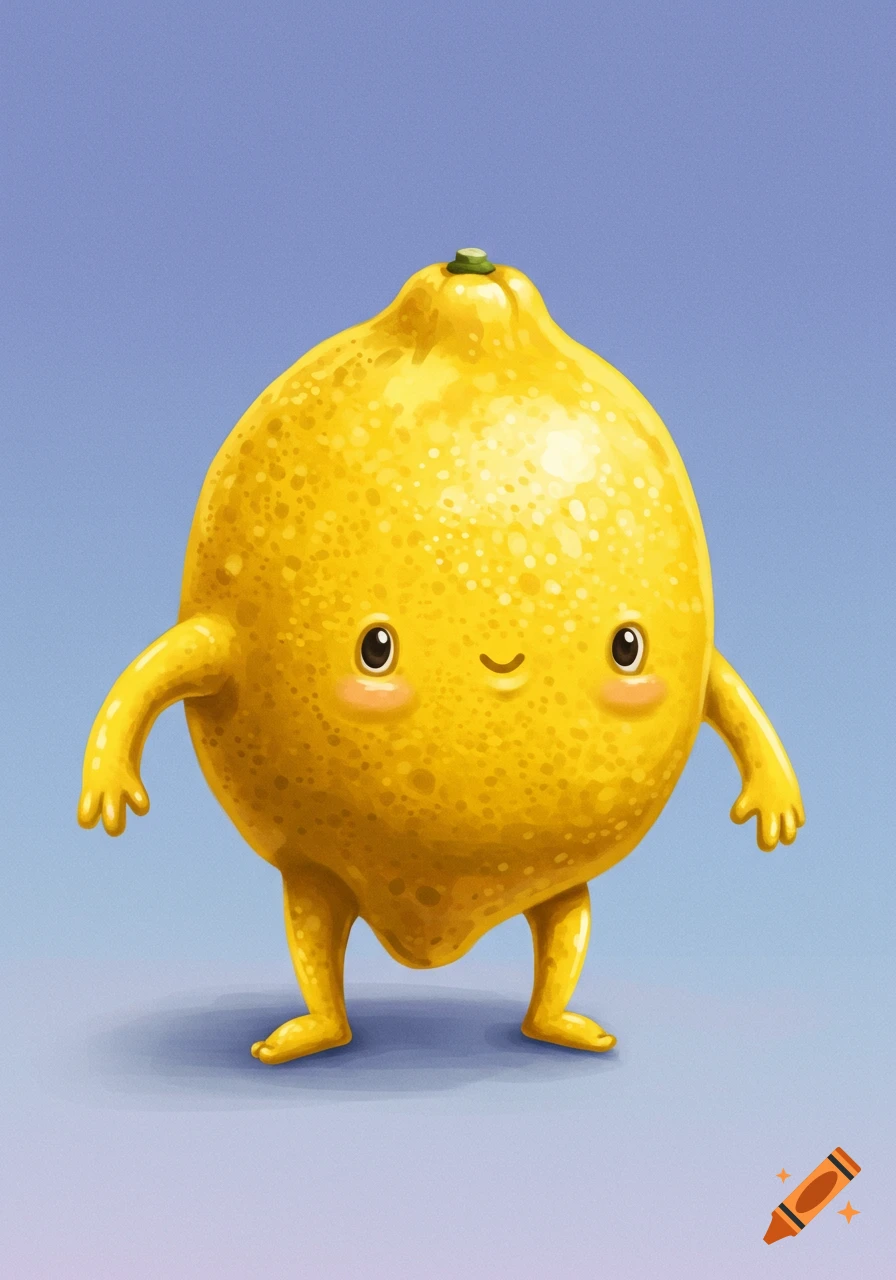 A cute cartoon lemon character with arms and legs.