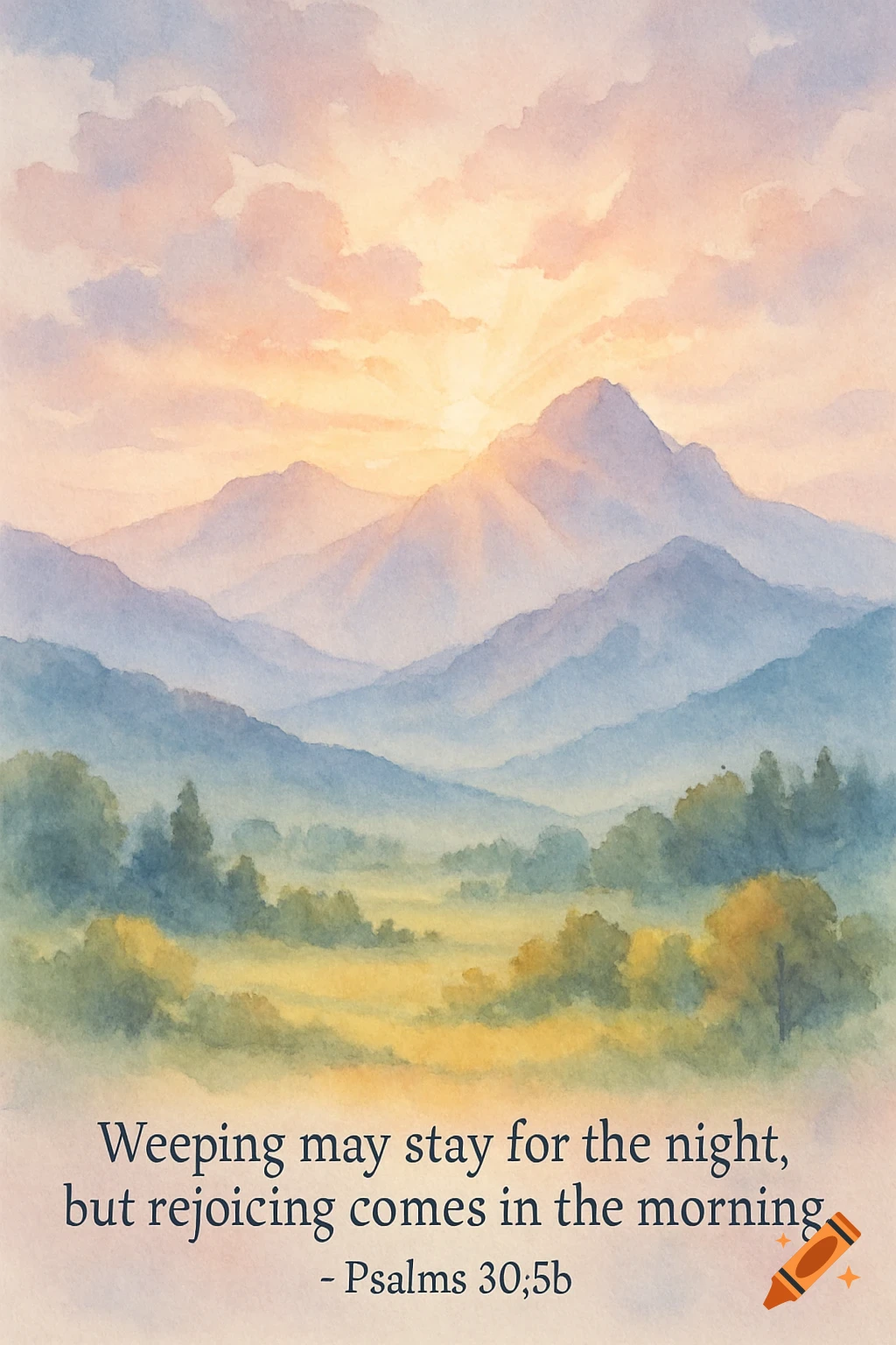 Watercolor painting of a mountain landscape at sunrise with warm light and clouds. Bible verse text at the bottom.