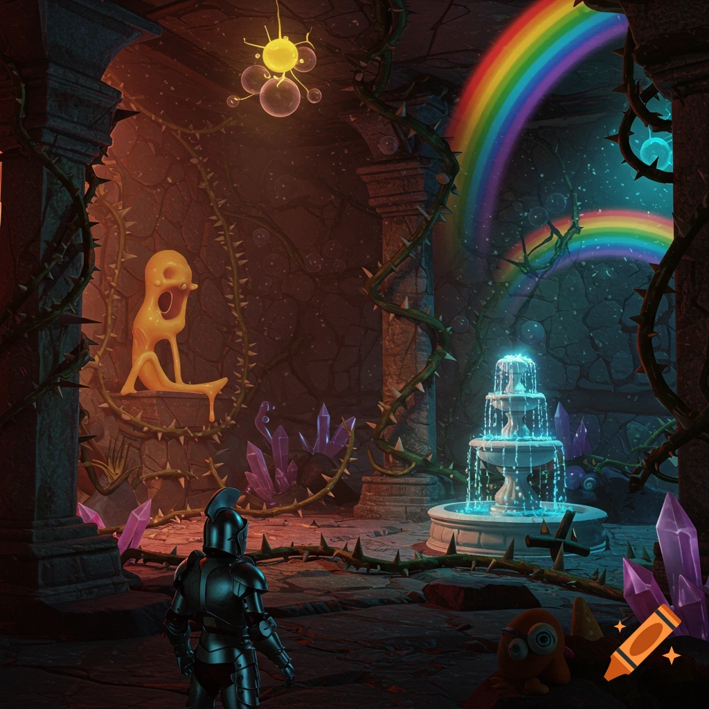 A knight in a fantasy dungeon featuring a rainbow, a glowing fountain, crystals, vines, and strange creatures.