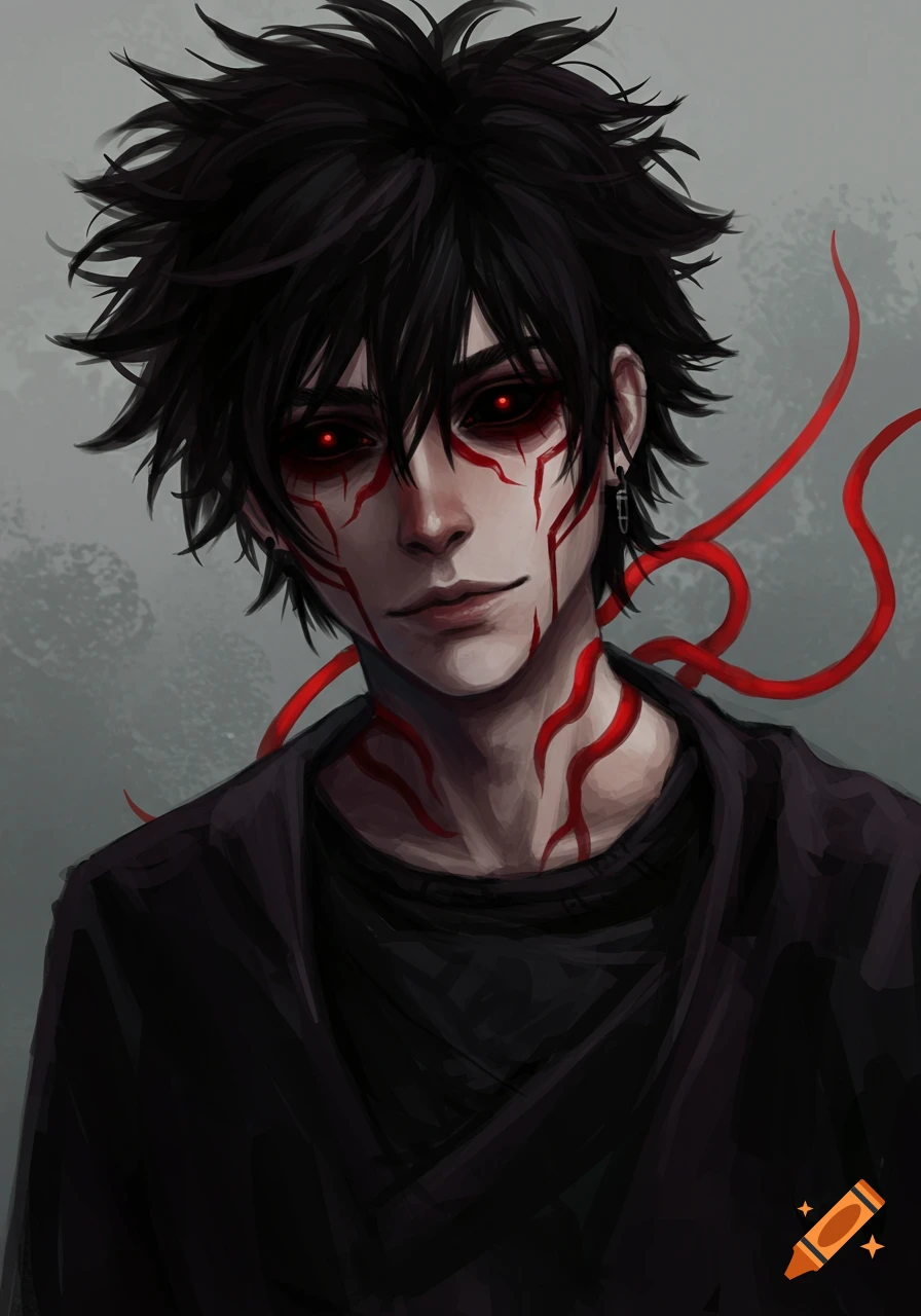 A person with black hair, glowing red eyes, and red markings on their face and neck, wearing dark clothes.
