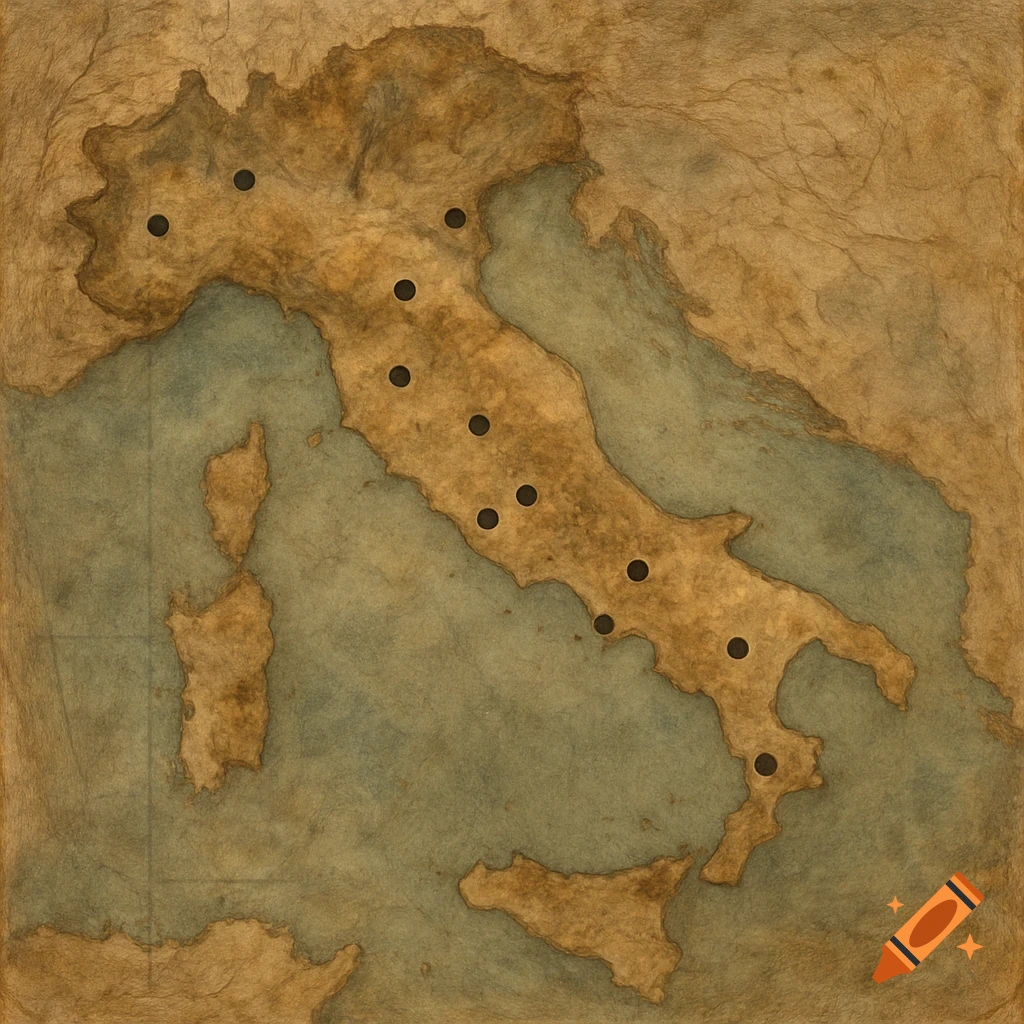 A worn, antique-style map of Italy with dark dots.
