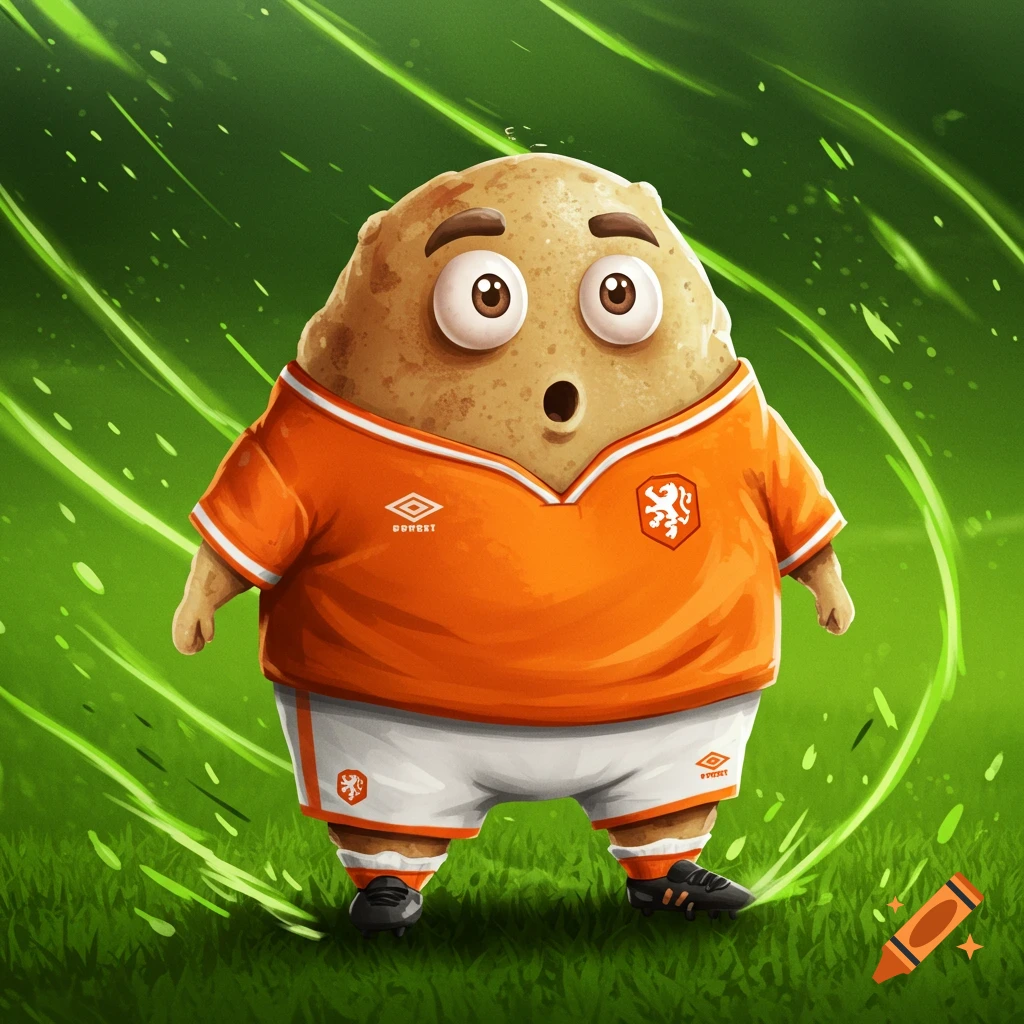 A surprised cartoon potato wearing an orange and white football kit stands on a grassy field.