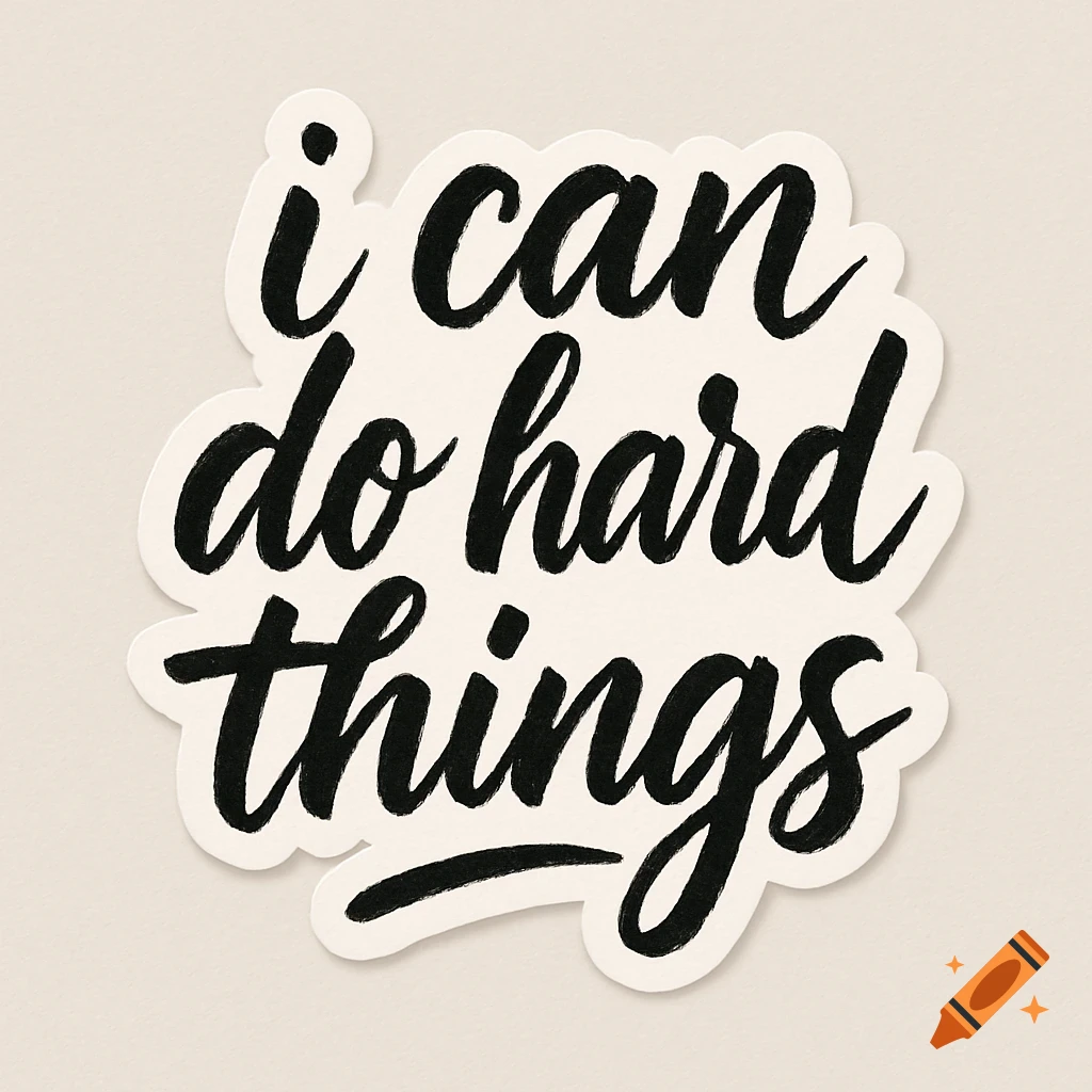 A sticker with black brush lettering on a white background that reads 'i can do hard things'.
