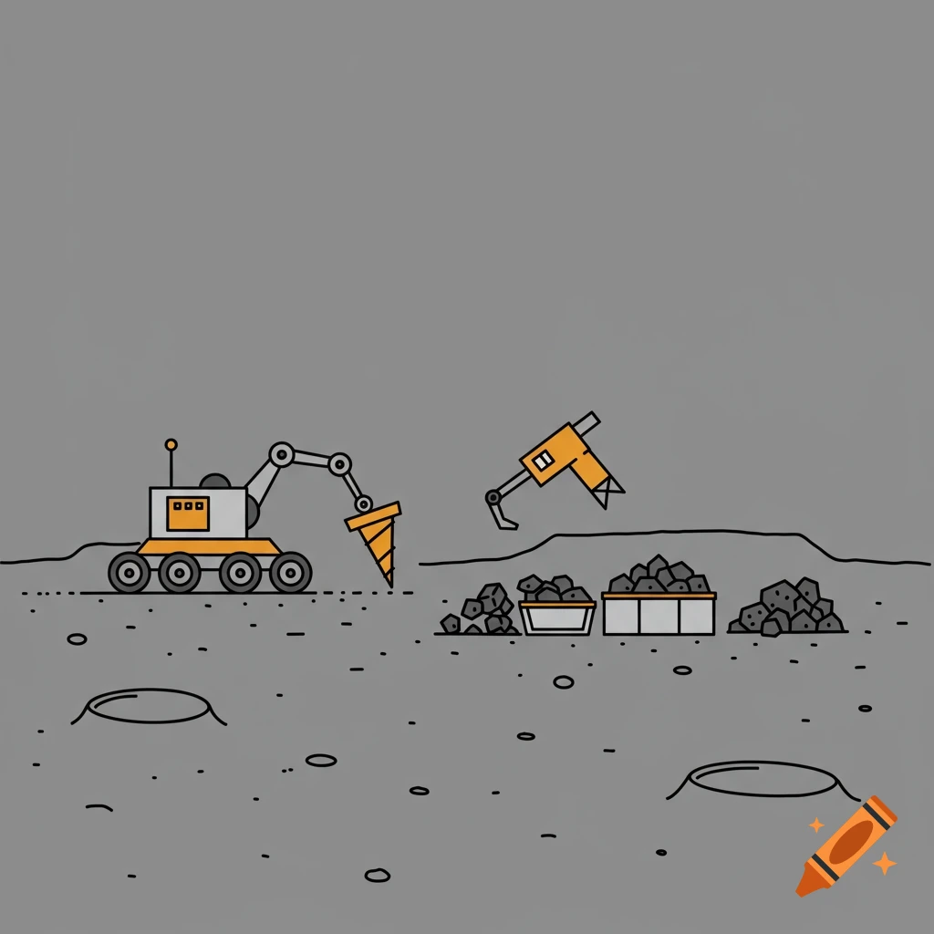 Simple clip art illustration of a lunar mining setup with a rover and jackhammer.