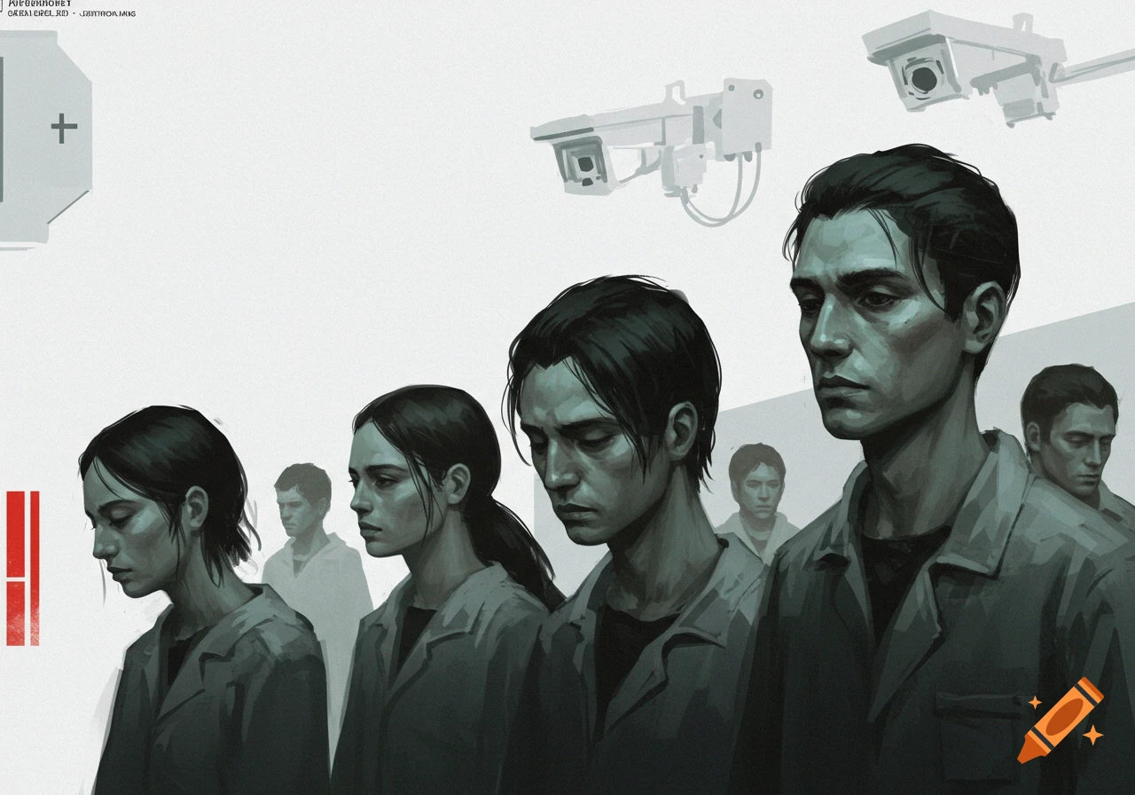 A group of somber-looking people stand under surveillance cameras in a stark, sterile setting.