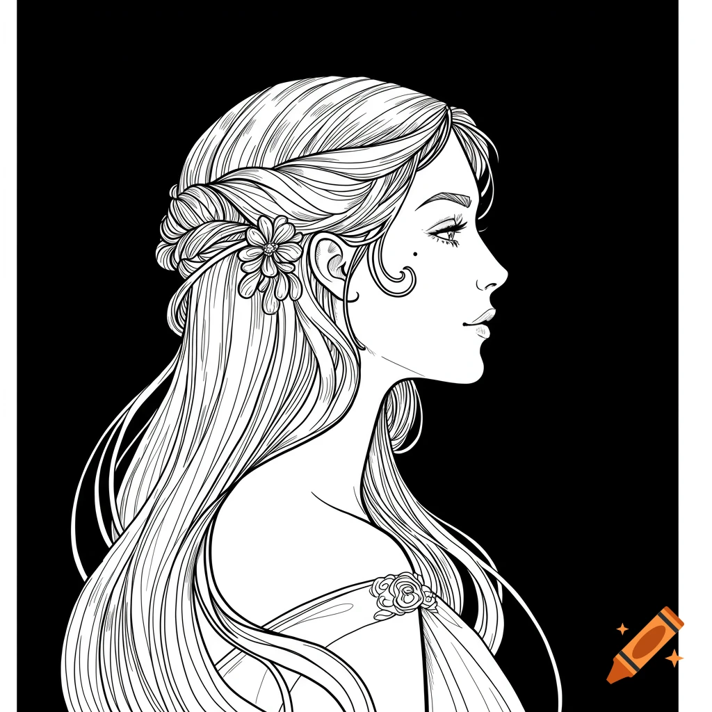 Line art drawing of a woman's profile with long hair and a flower.