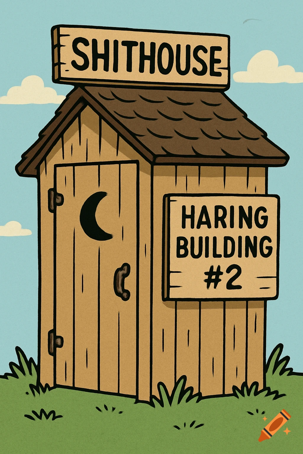 Cartoon outhouse with 'SHITHOUSE' and 'HARING BUILDING #2' signs