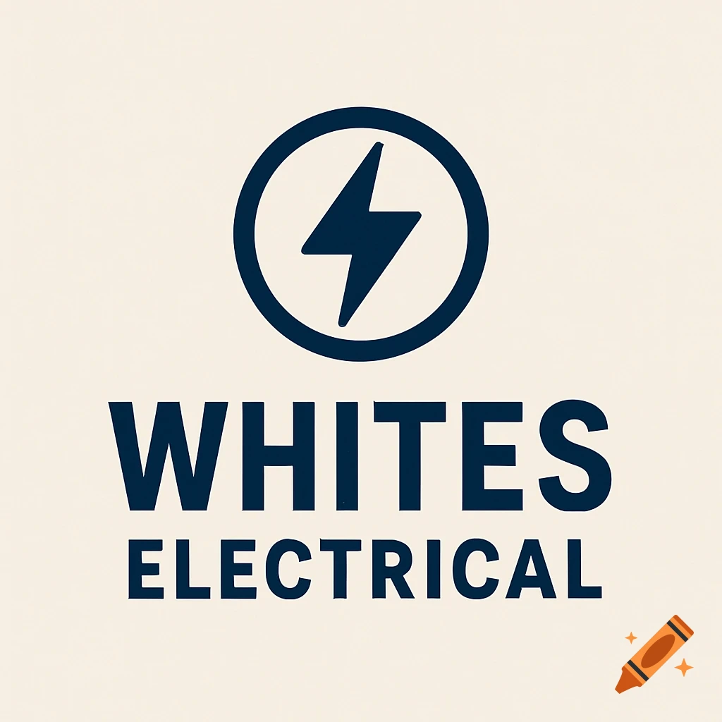 Logo with a lightning bolt symbol inside a circle above the text "WHITES ELECTRICAL".