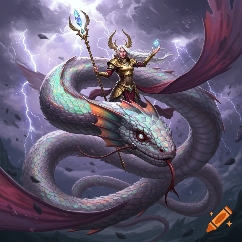 A female archon rides a giant flying snake in a stormy sky with lightning.