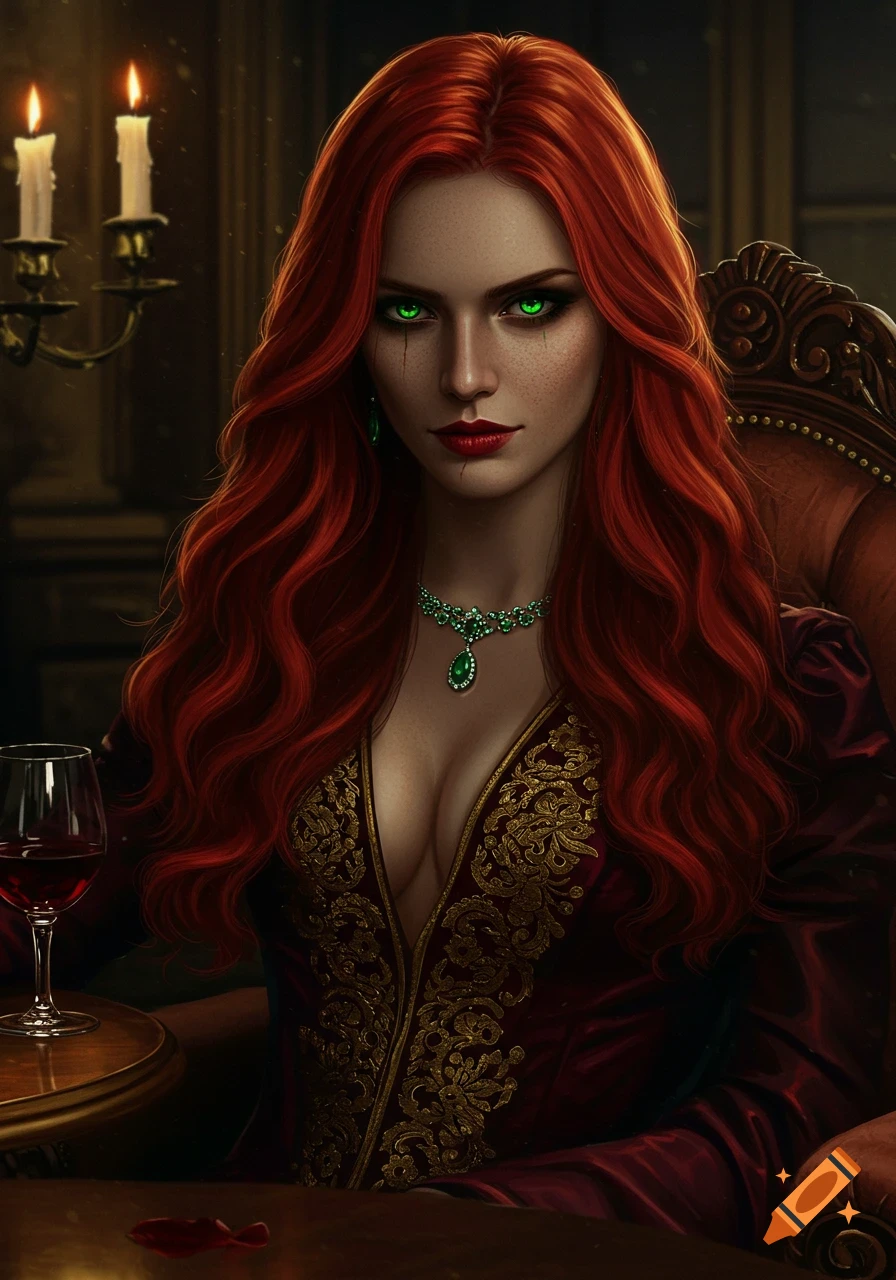 A woman with long red hair and glowing green eyes wears a red and gold dress and green necklace in a dark room with candles.