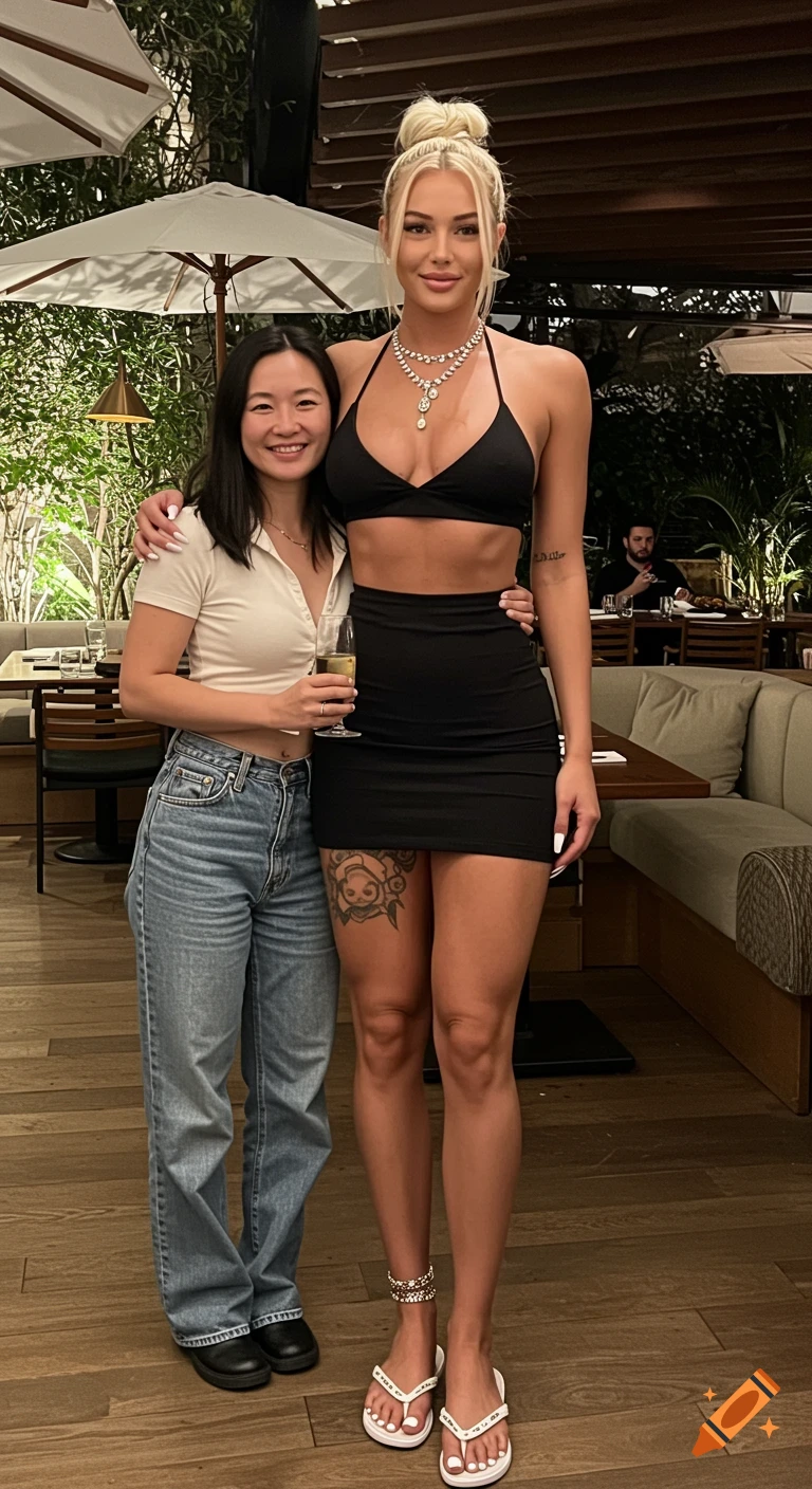 Two women pose at a restaurant, one tall in a black outfit, the other in jeans and a white shirt.