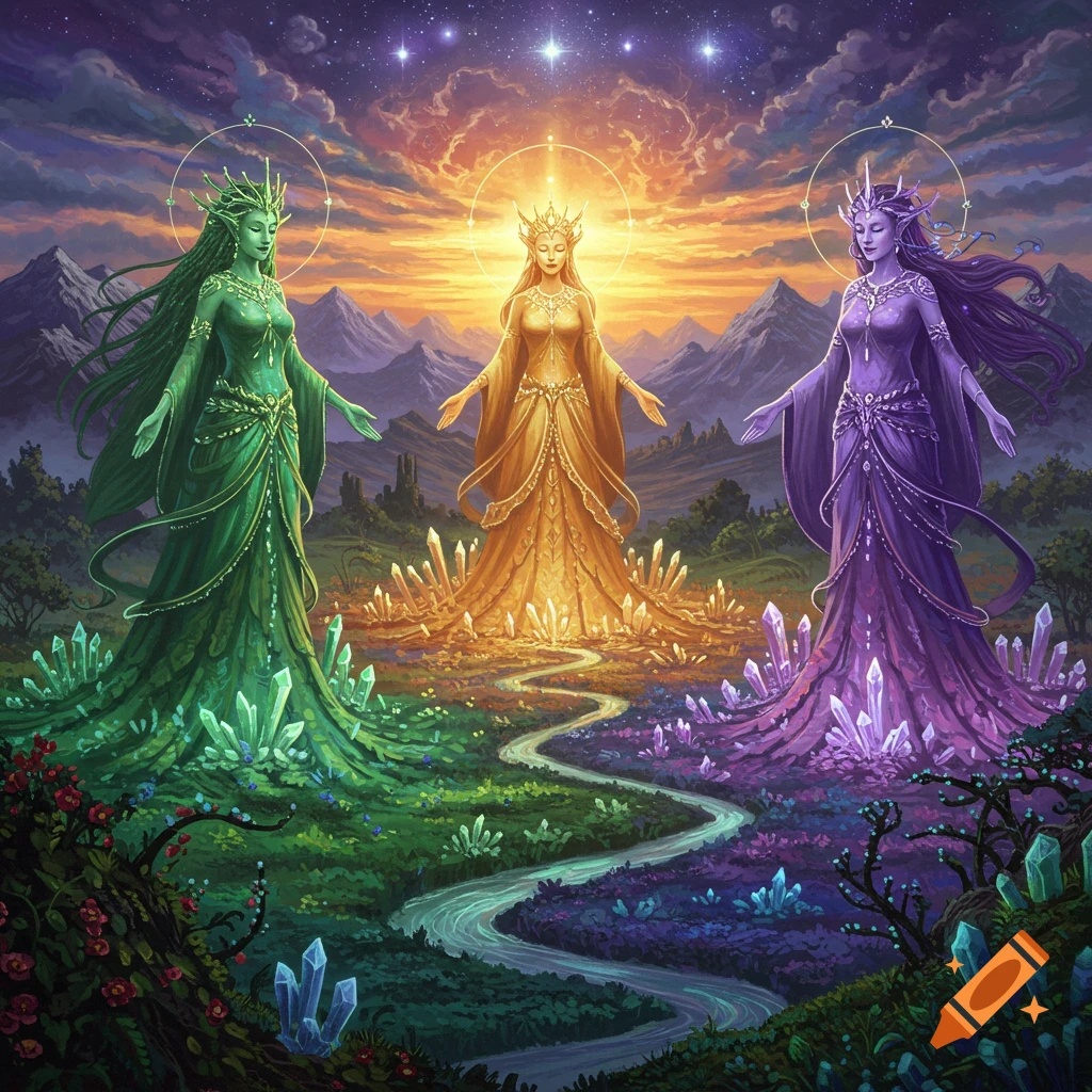 Three goddess figures in green, gold, and purple dresses are surrounded by crystals in a fantasy landscape.