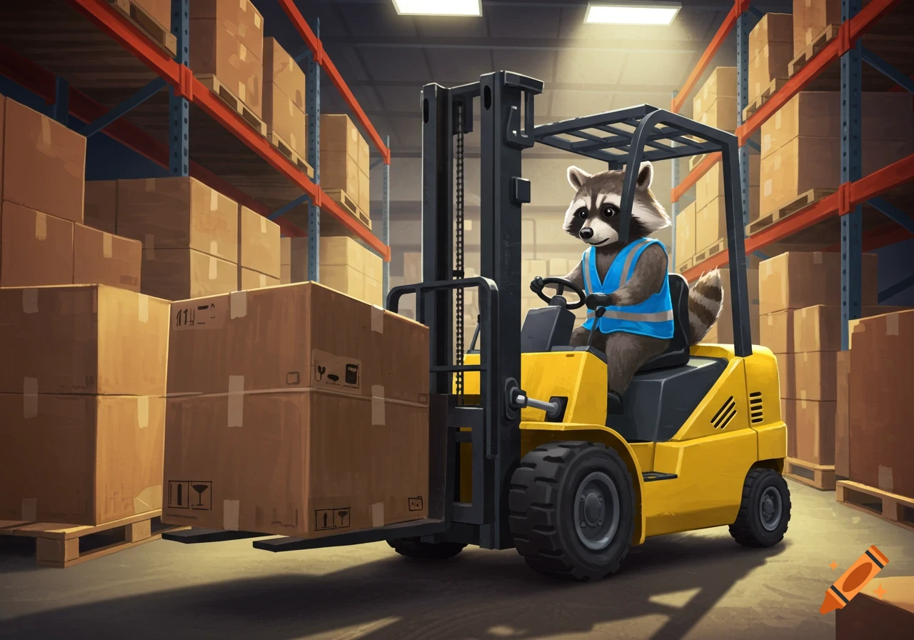 A raccoon wearing a blue vest is driving a yellow forklift in a warehouse.