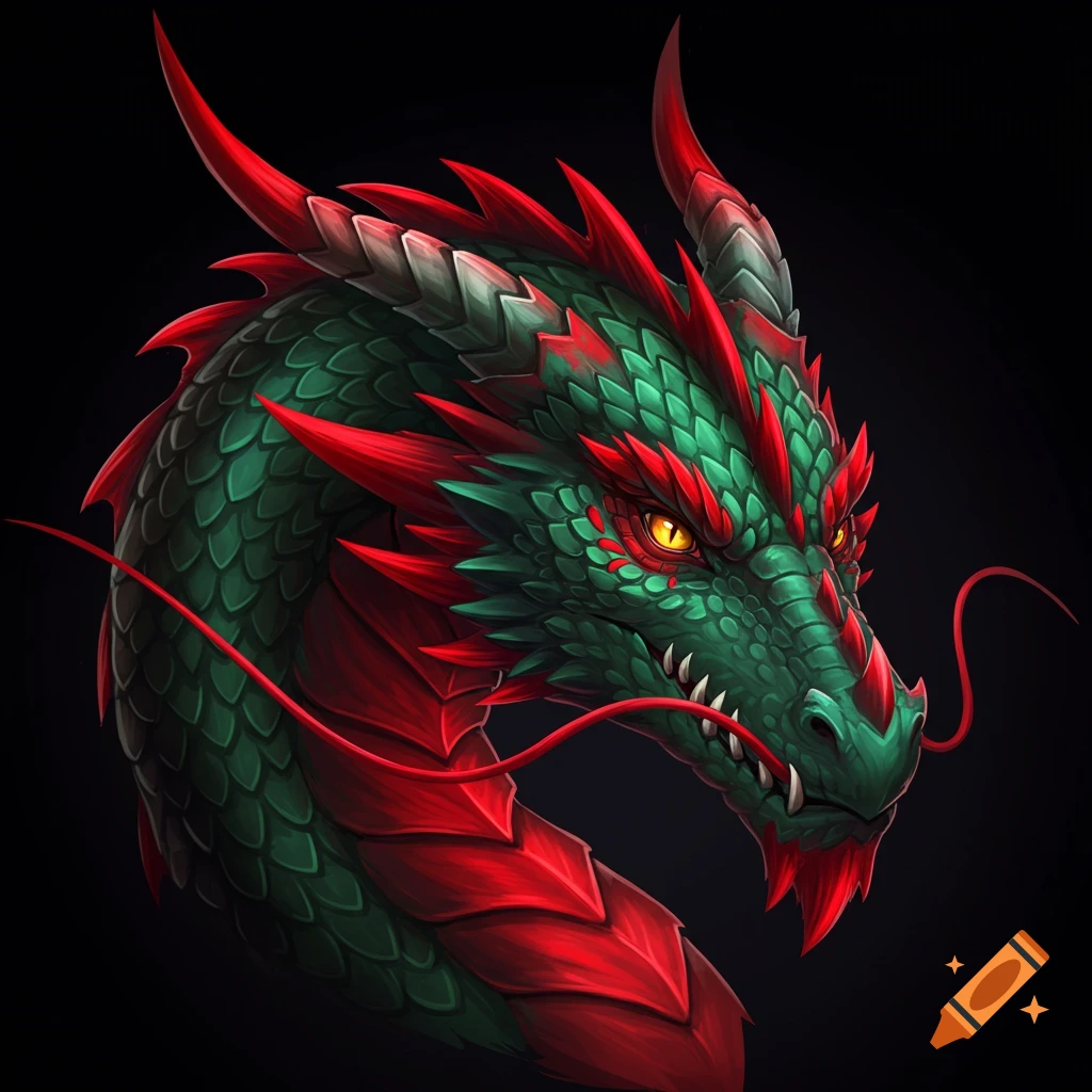 A green and red dragon head with yellow eyes.