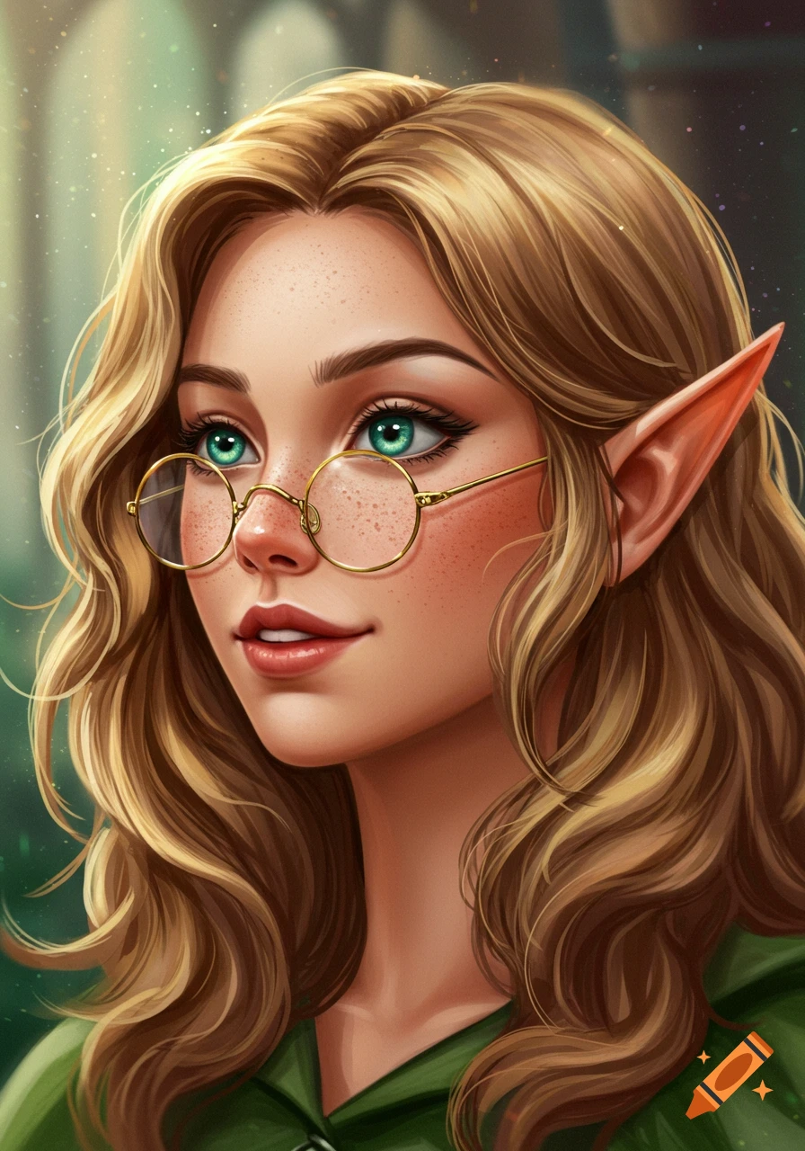 A female elf with glasses, freckles, and wavy blonde hair looking left.