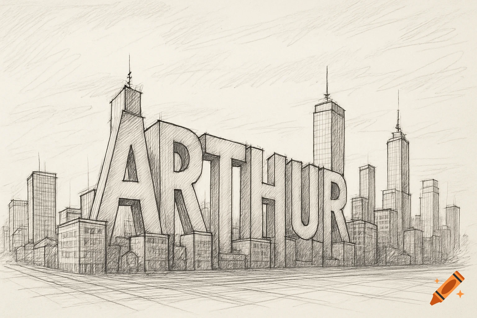 Sketch of city skyline with large buildings spelling the name ARTHUR