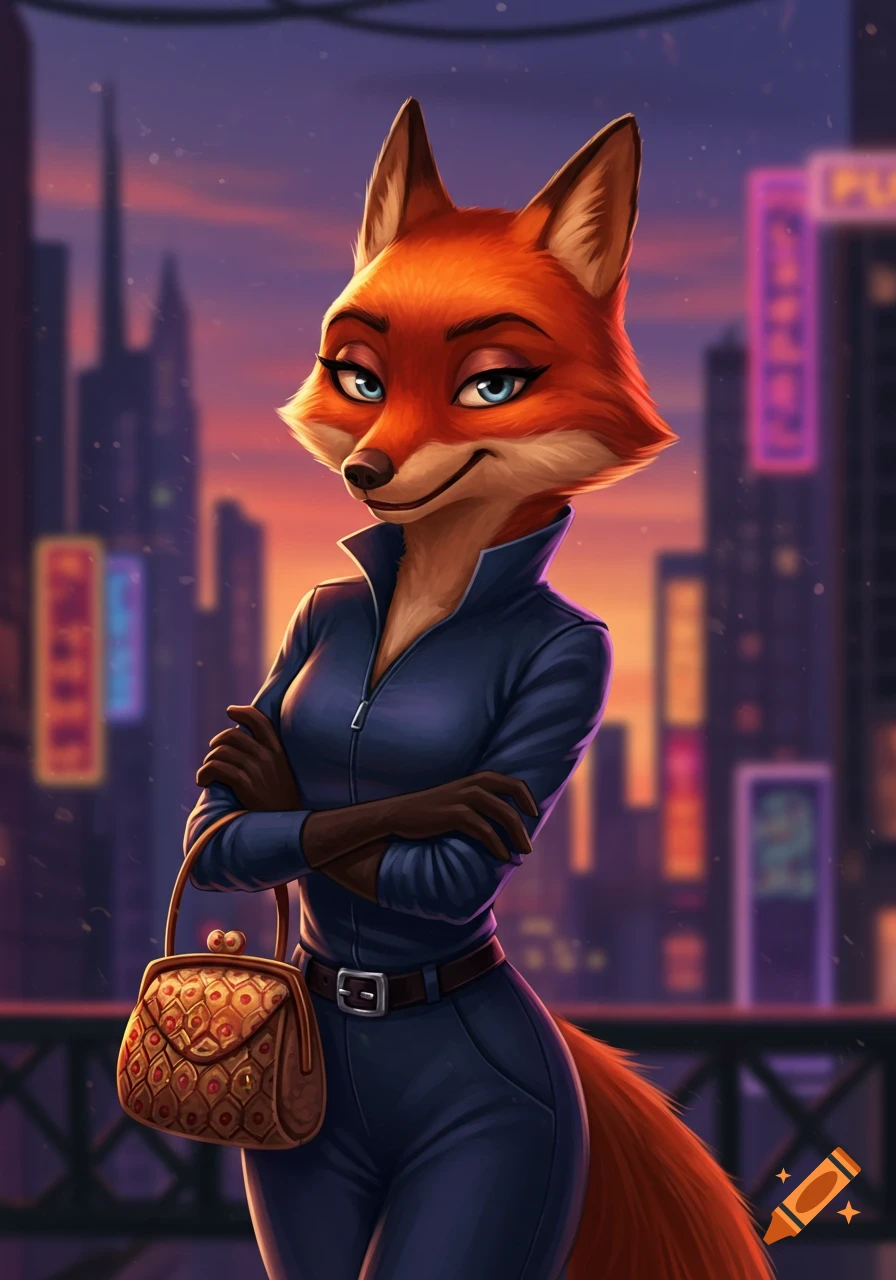 Anthropomorphic fox character Diane Foxington stands with arms crossed in front of a city skyline at dusk.