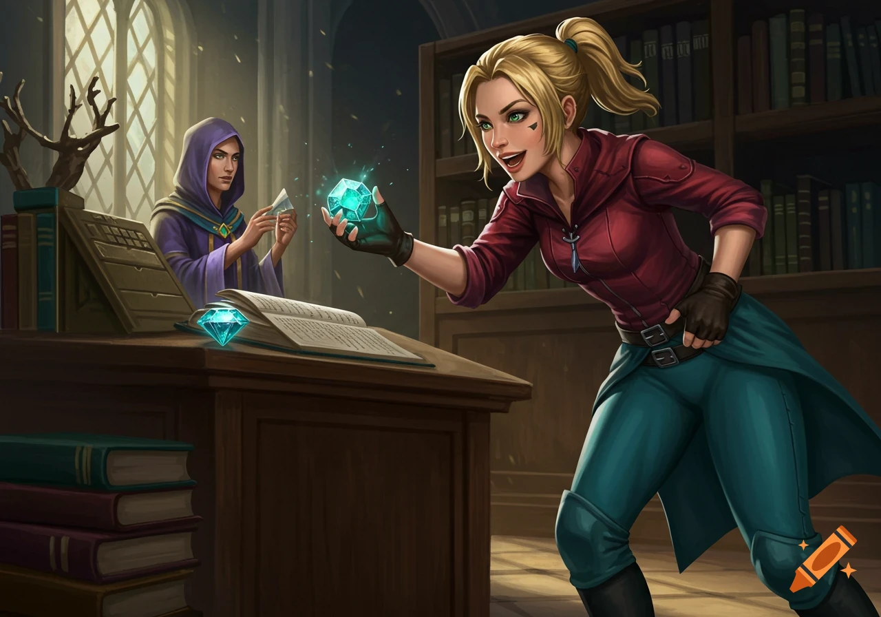 Female rogue placing a glowing gem on a mage's desk in a library.