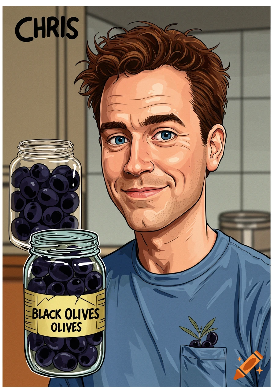 Cartoon illustration of a man named Chris smiling next to jars of black olives.