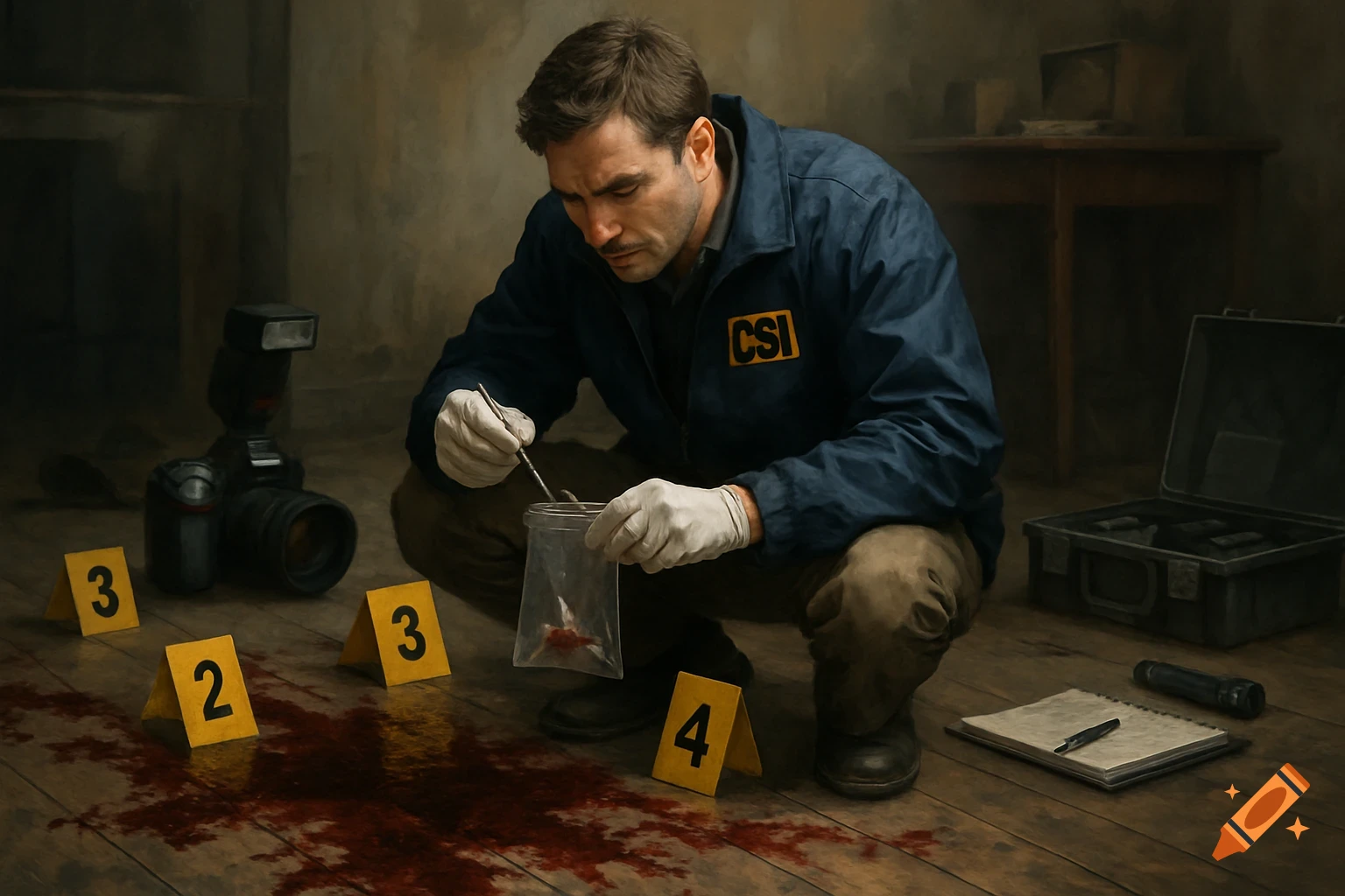 A man in a CSI jacket collects evidence at a crime scene with blood and markers.