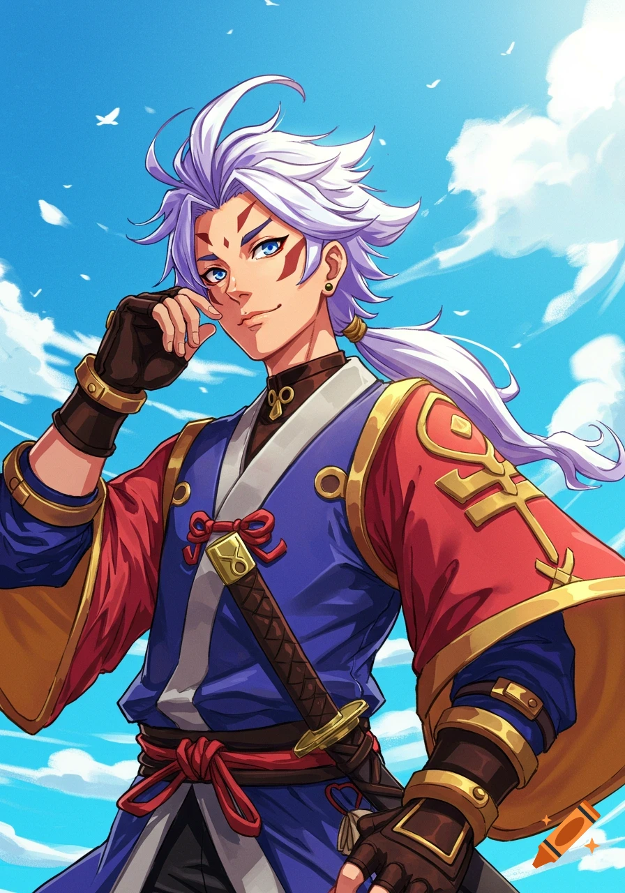 A male anime character with white and purple hair and blue eyes, wearing traditional red and blue clothing with a sword, is shown under a blue sky.