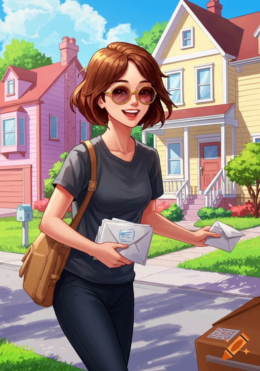 Stylized illustration of a woman with sunglasses and a bag delivering mail in a residential neighborhood.