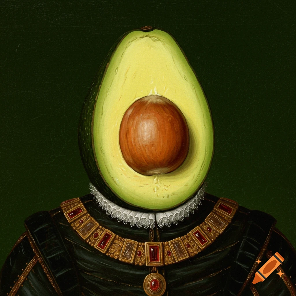 A person with an avocado for a head, wearing historical clothing and ornate jewelry.