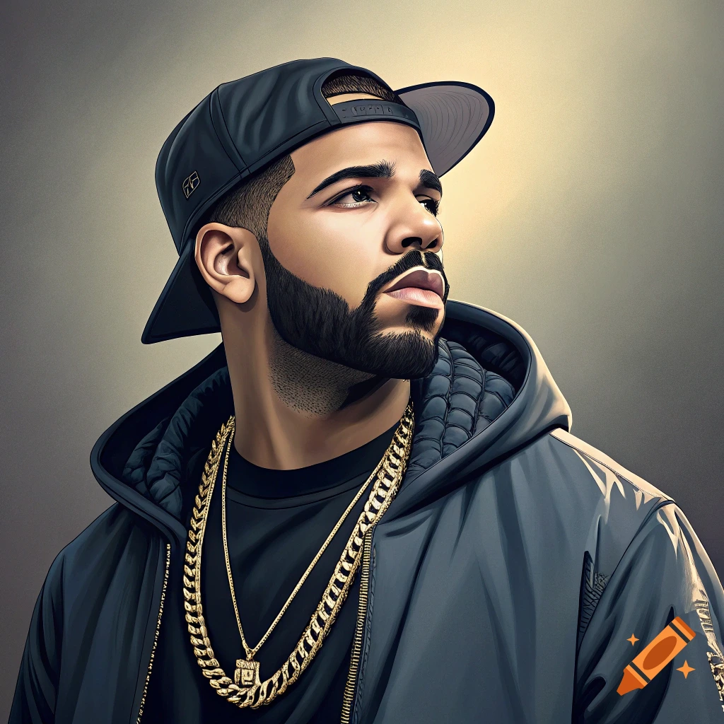 Portrait of a man resembling Drake wearing a black baseball cap, hoodie, and gold chains.