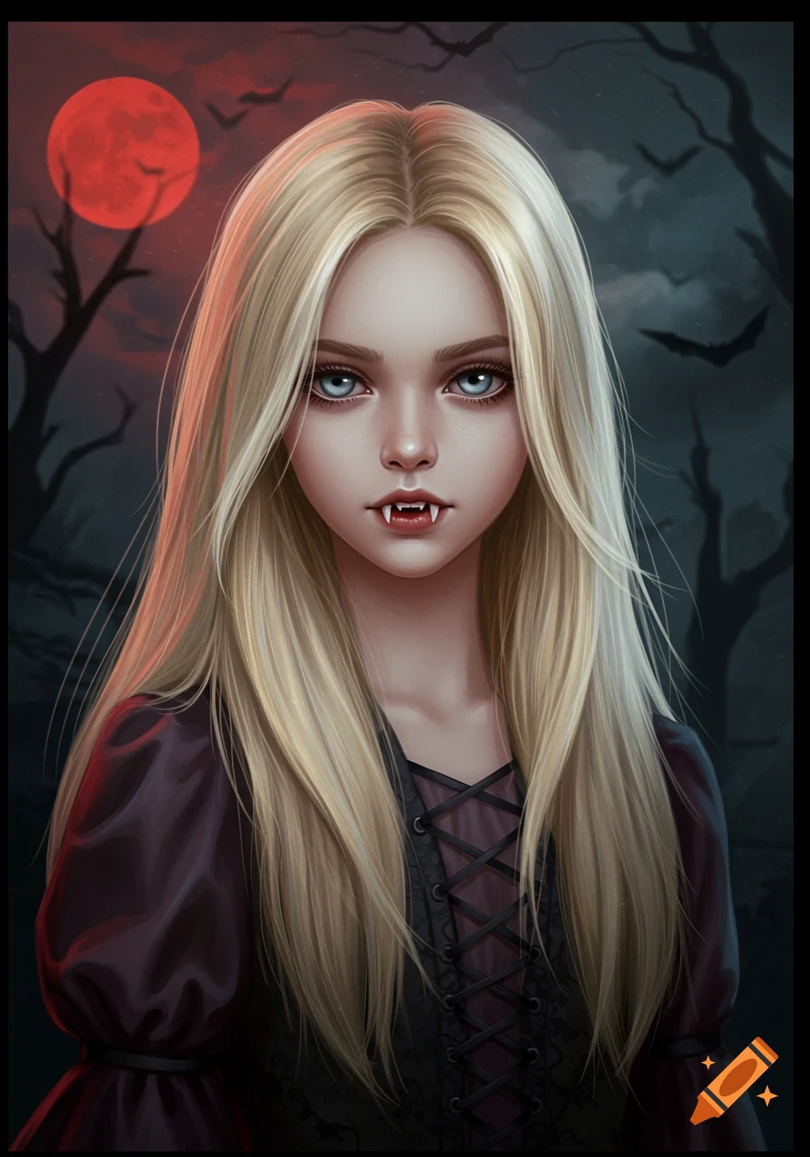 A young blonde vampire girl with fangs and blue eyes, wearing a gothic dress, against a dark background with a red moon and bats.