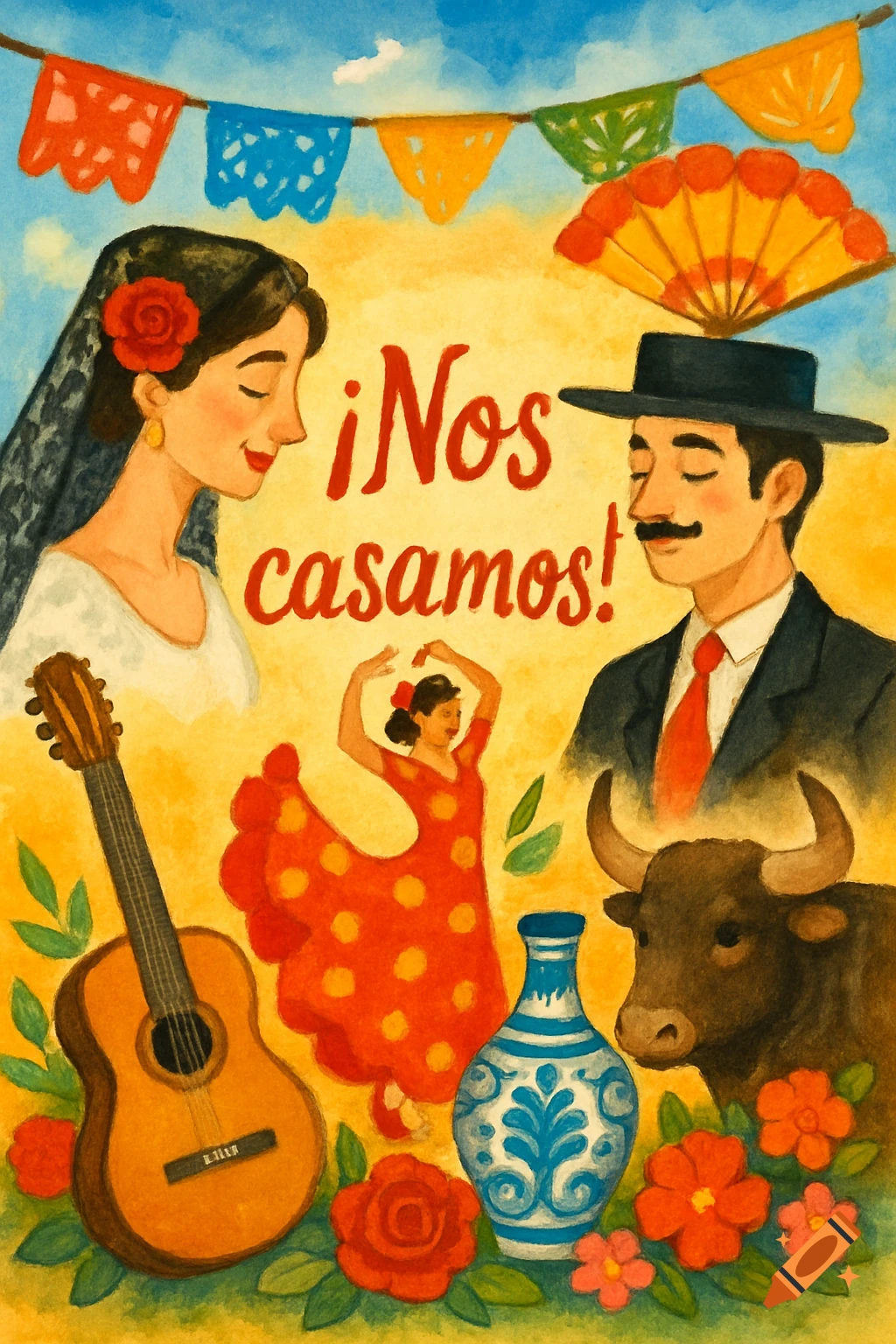 A watercolor painting of a Spanish couple, dancer, bull, guitar, and text ¡Nos casamos! for a wedding invitation.