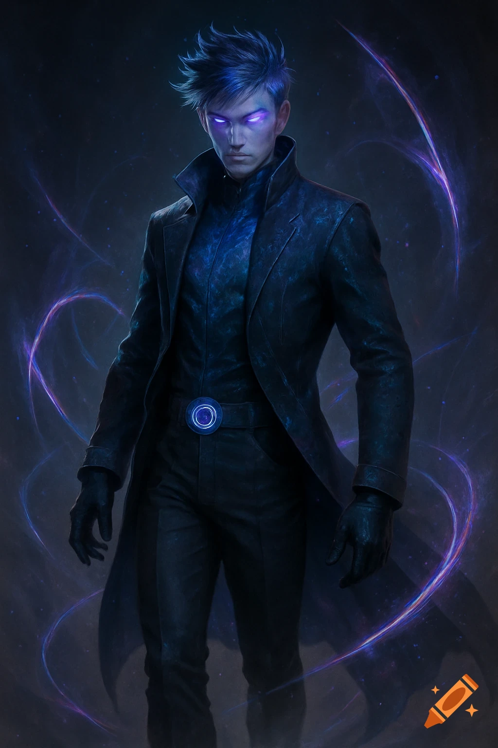A man with glowing eyes and blue hair in a dark coat, surrounded by glowing energy.