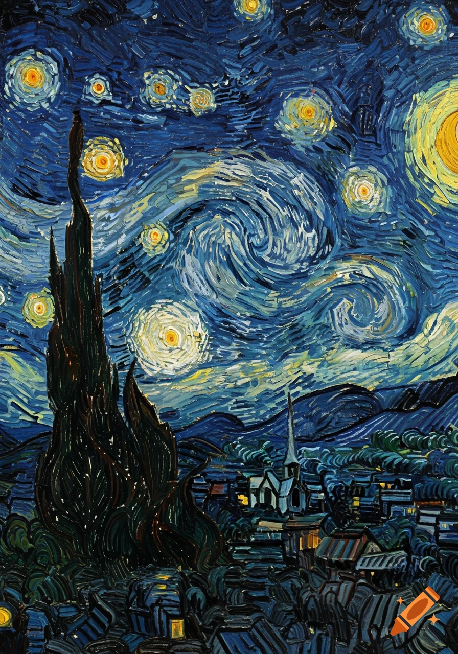 A swirling blue night sky filled with bright stars and a crescent moon over a dark landscape and town, in the style of Van Gogh.
