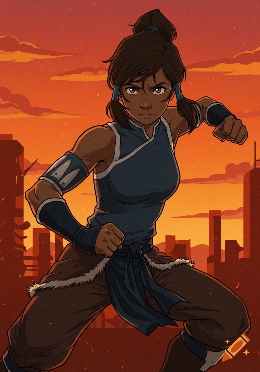 Anime character in a fighting pose against a city skyline at sunset.