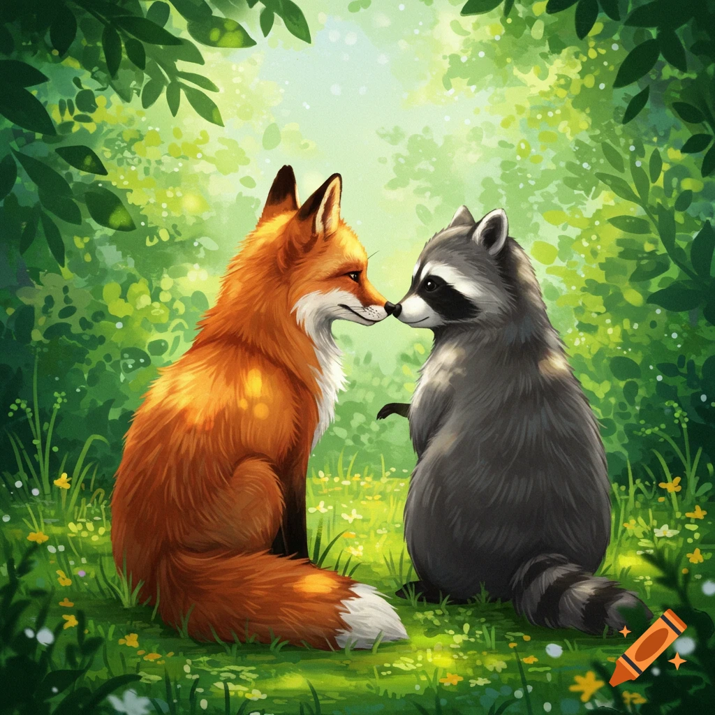 A fox and a raccoon touch noses in a forest clearing.