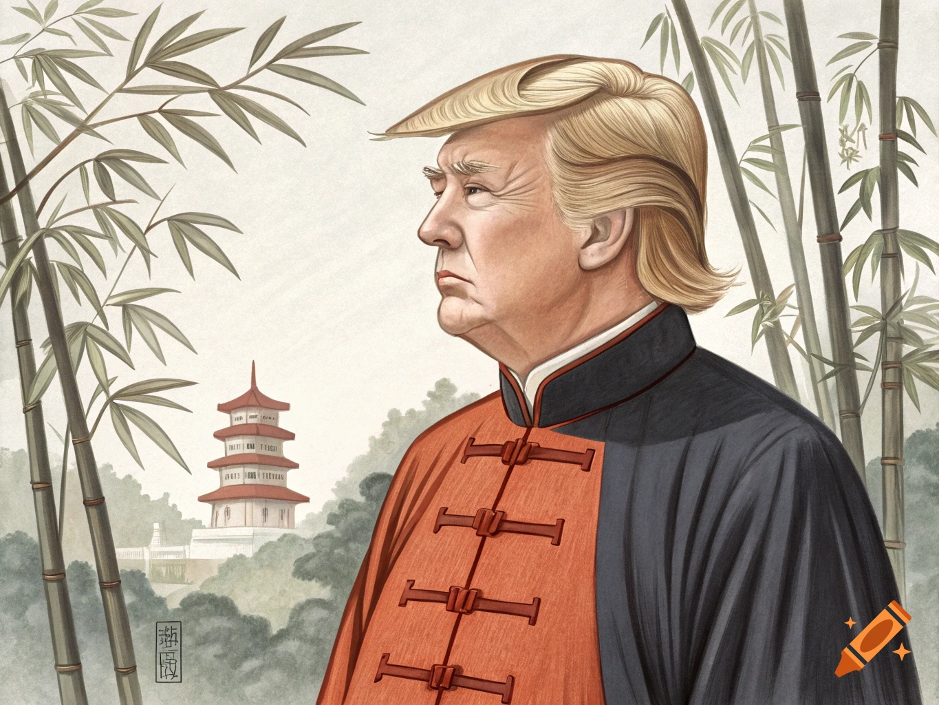 Illustration of Donald Trump in a Chinese-style jacket, with bamboo and a pagoda in the background.