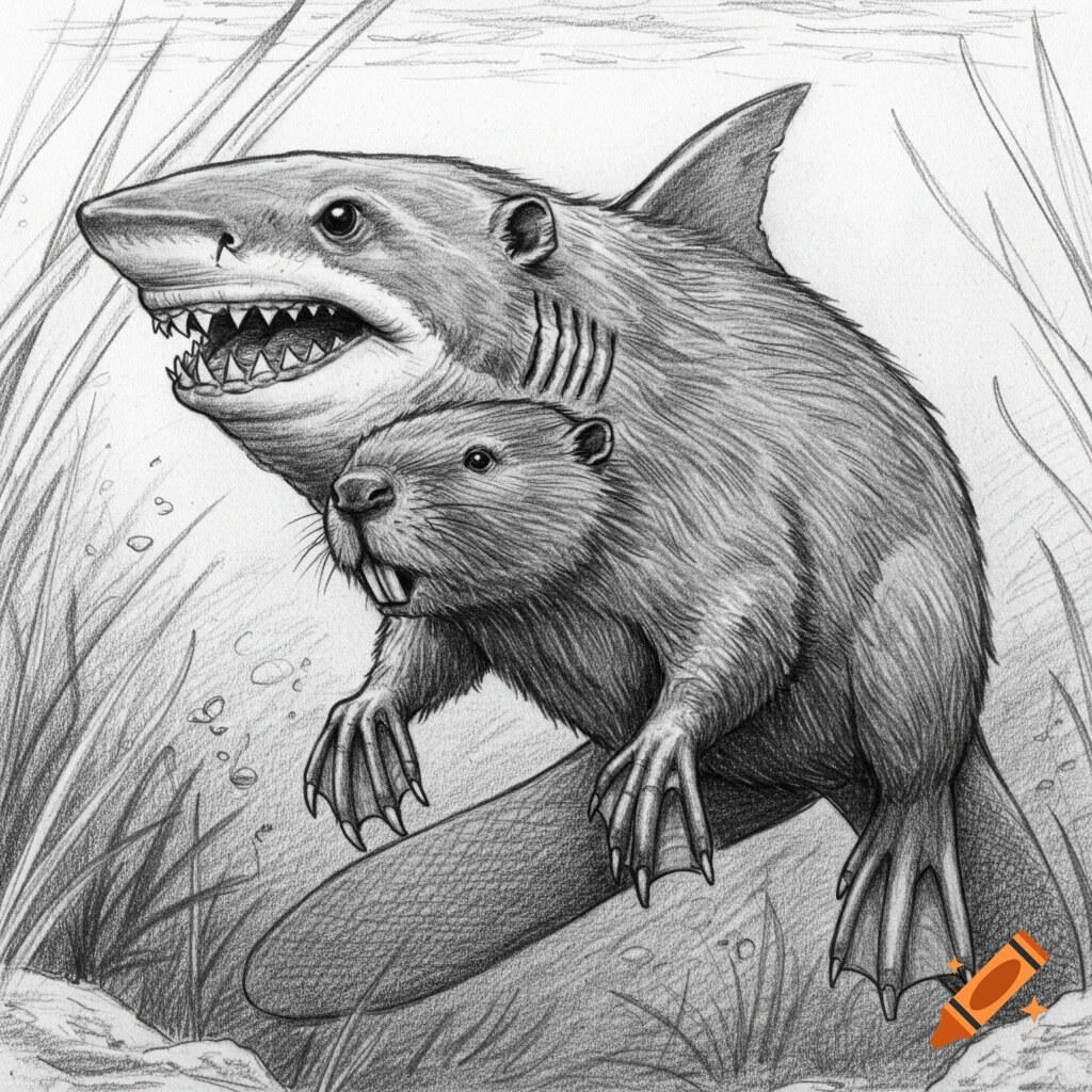 Detailed pencil drawing of a shark-beaver hybrid creature swimming.