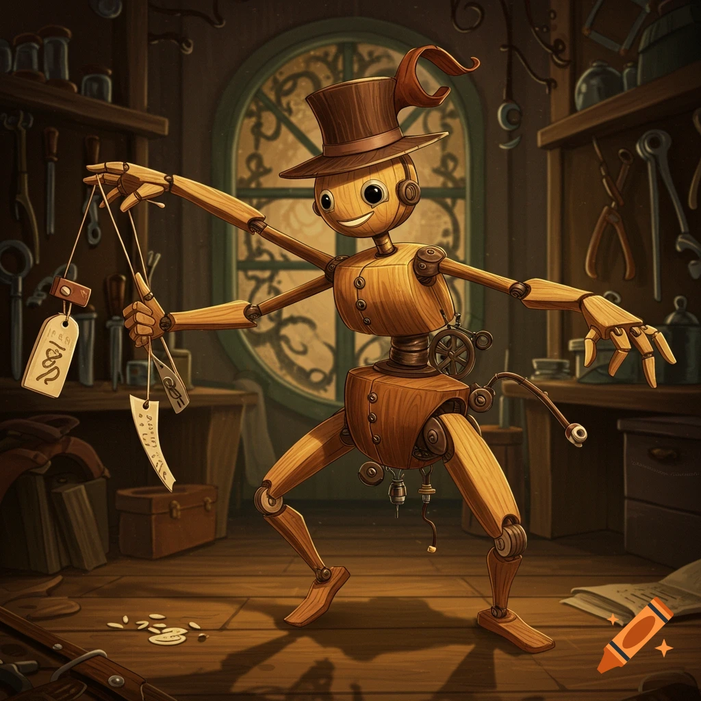 A wooden automaton or puppet in a workshop, holding tags.