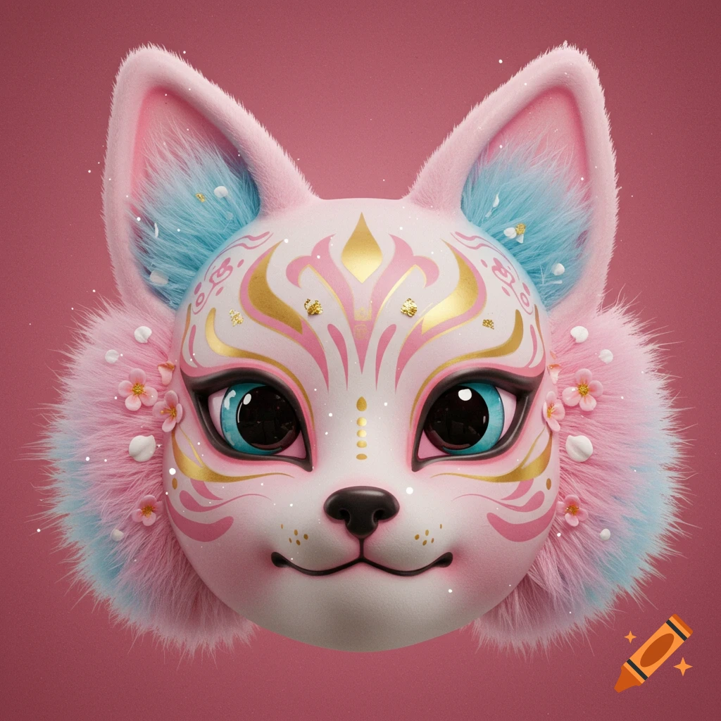 Kawaii pink and blue kitsune mask with ornate gold patterns and large blue eyes.
