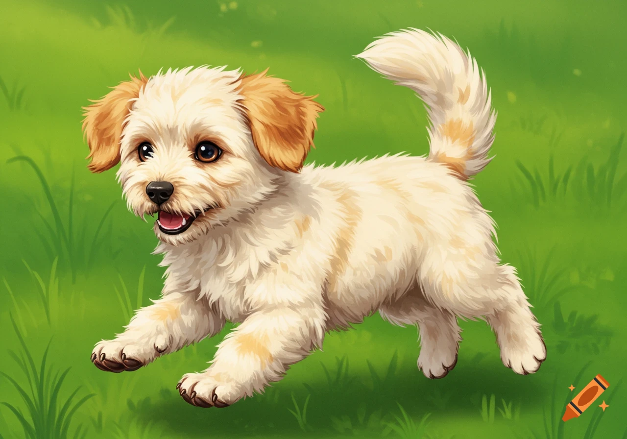 A fluffy puppy running through green grass.