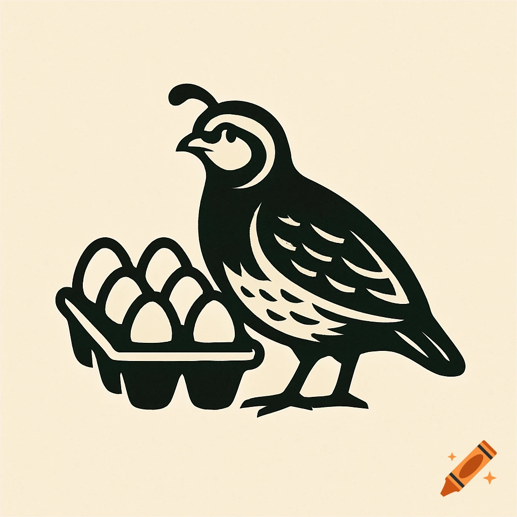 Black silhouette logo of a quail standing next to an egg carton.