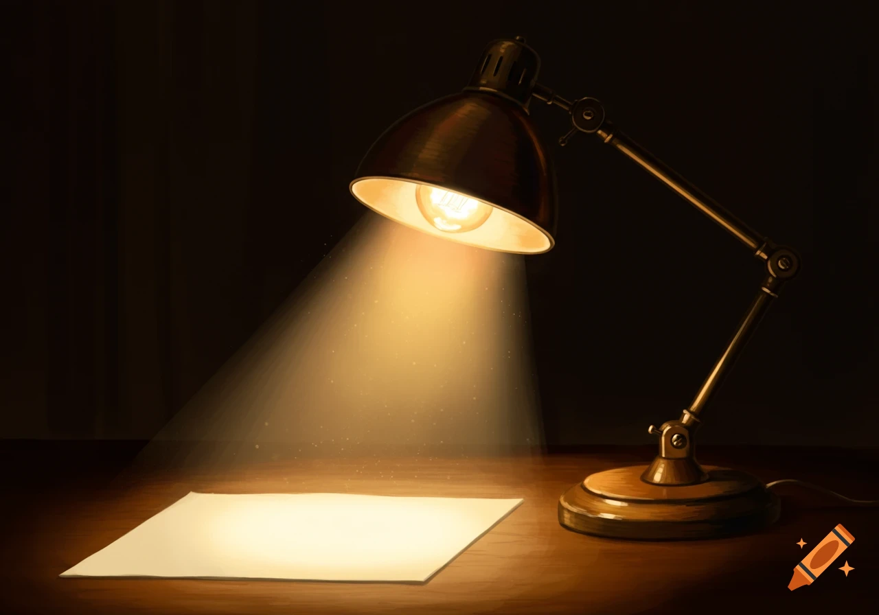 A desk lamp shines light onto a blank paper on a wooden desk.