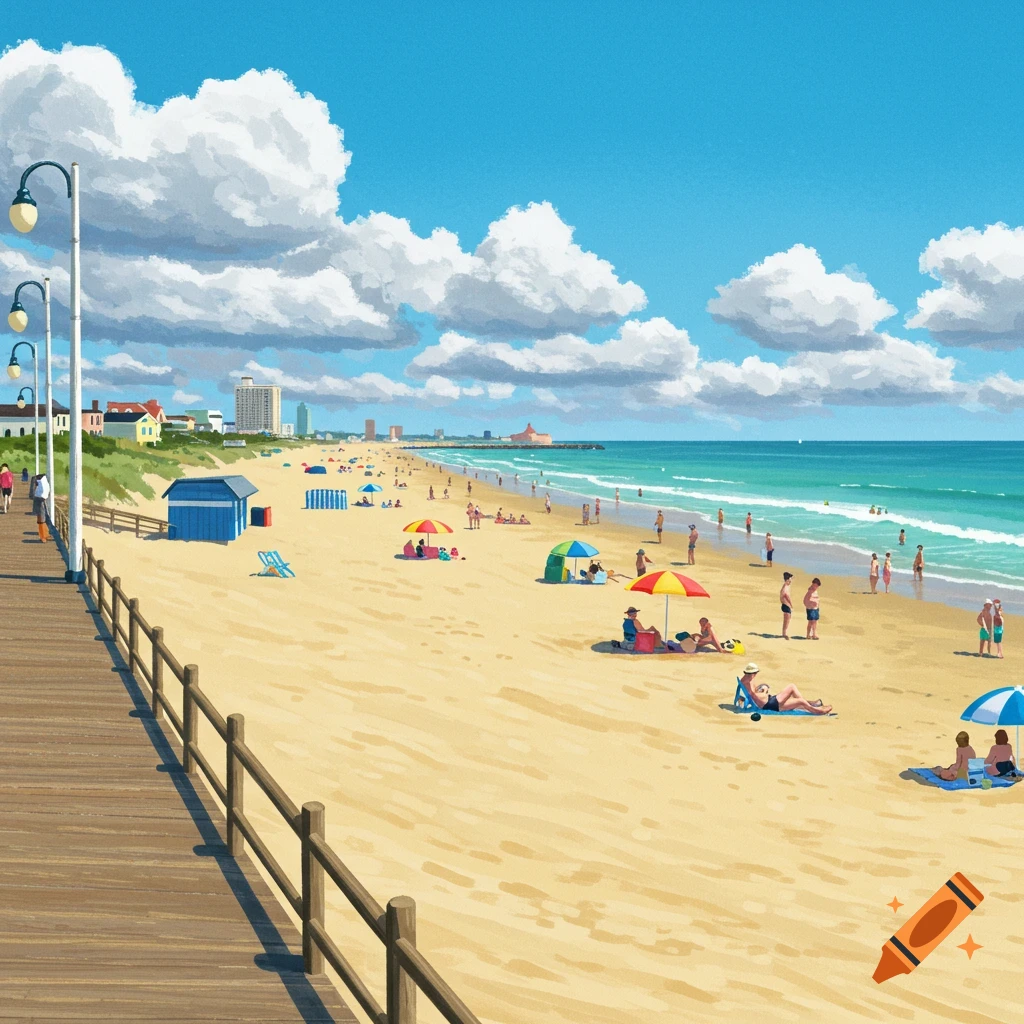A crowded beach with a boardwalk, ocean, people, and buildings.