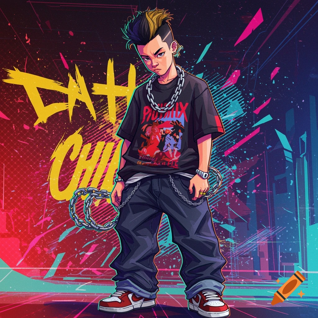 A cool young person with spiky hair, wearing street clothes and chains, against a vibrant abstract background.