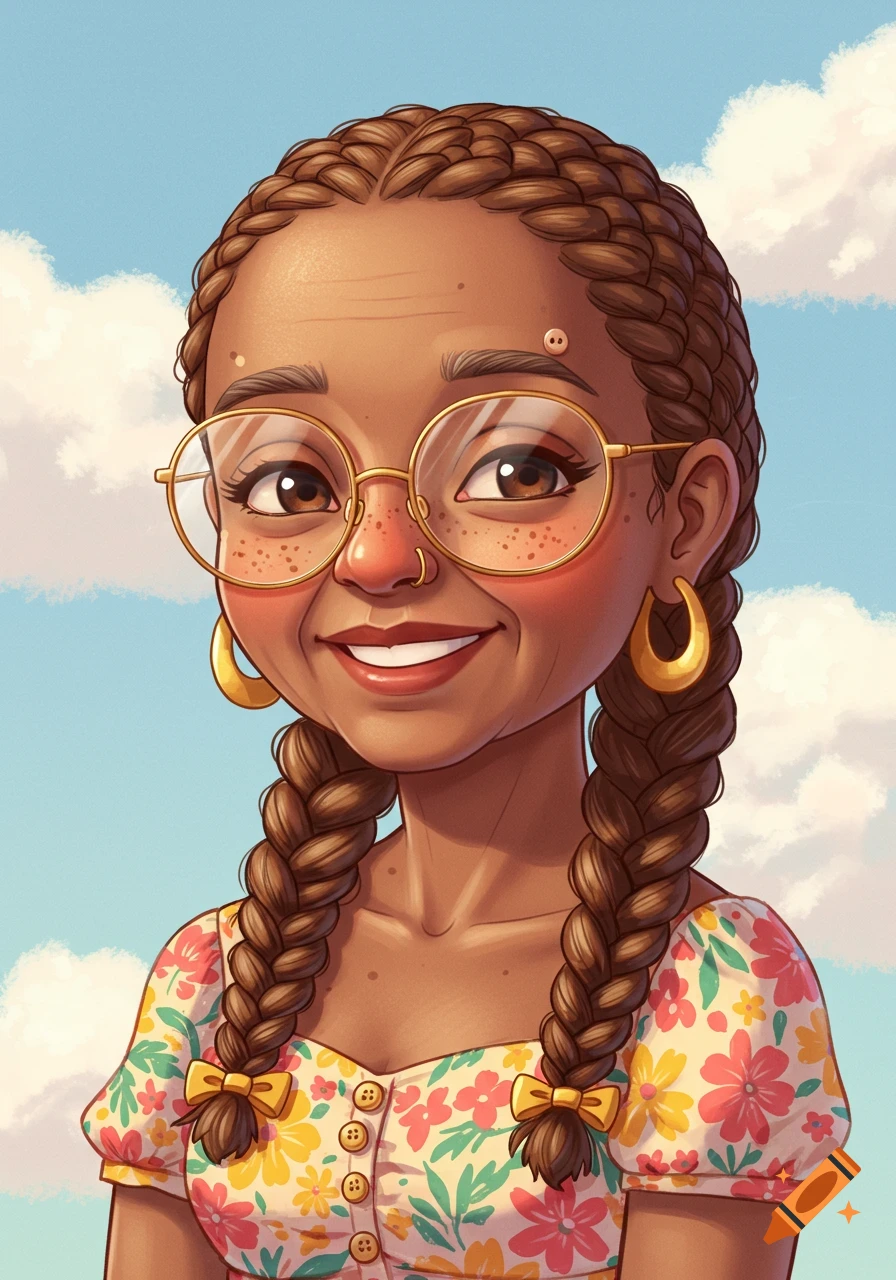 Smiling Black woman with braided pigtails and glasses wearing a floral dress against a cloudy sky.