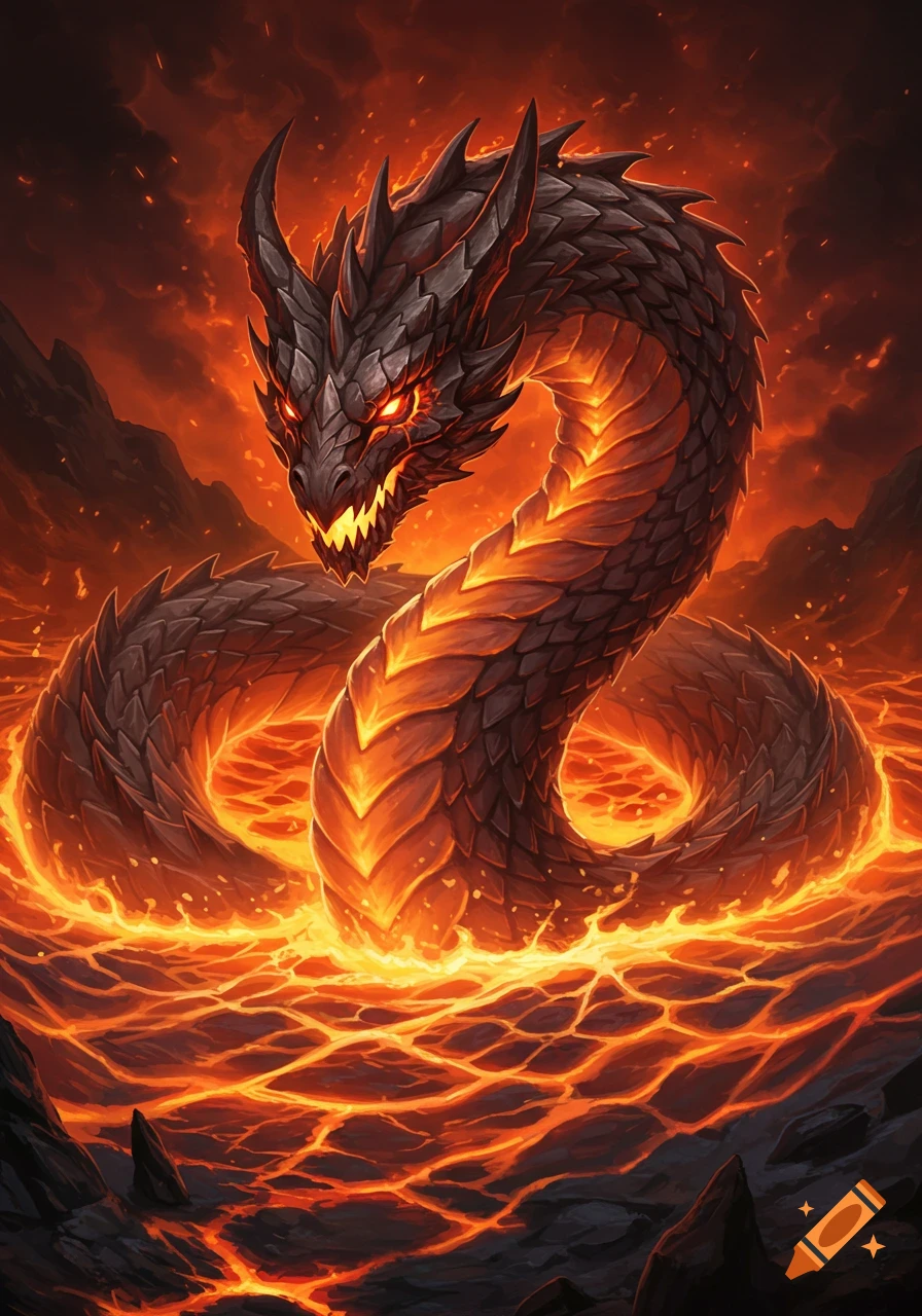 A fiery serpent dragon rising from lava