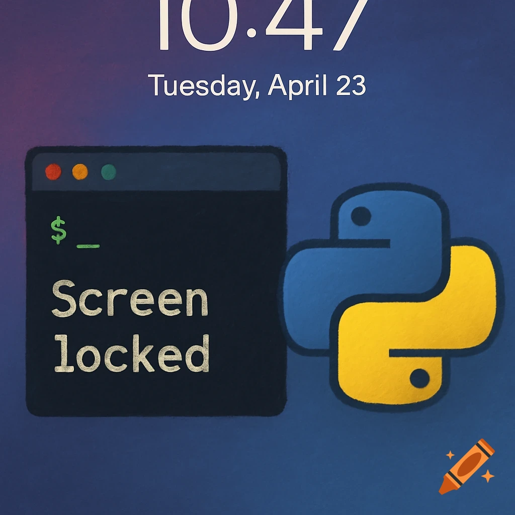 A lock screen with a terminal showing 'Screen locked' and the Python logo on a blue gradient.